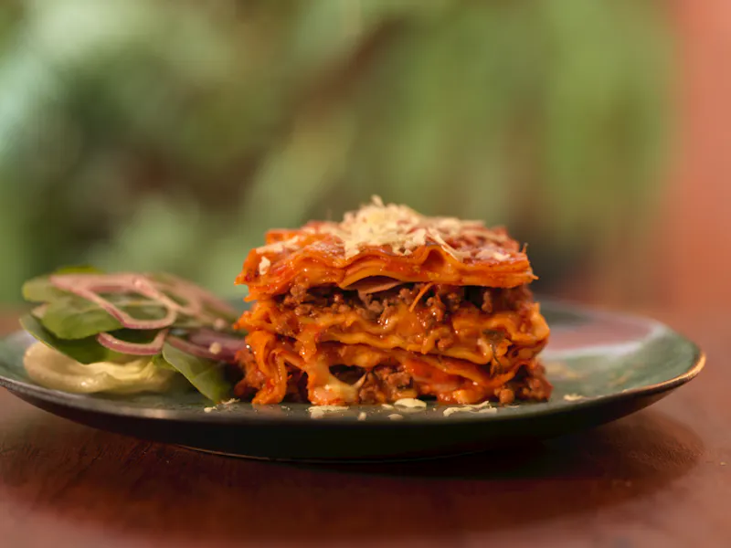 Lasagna with layers of pasta and meat sauce